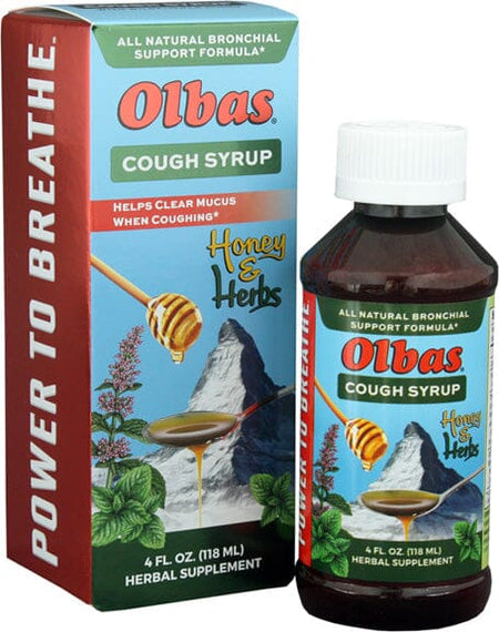 Glass Bottle of Olbas cough syrup that comes in a cardboard box