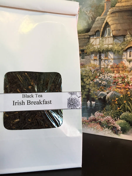 White bag of loose leaf  black tea Irish Breakfast