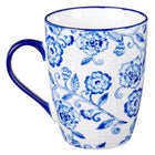 back of the cup which appears vintage  blue and white print