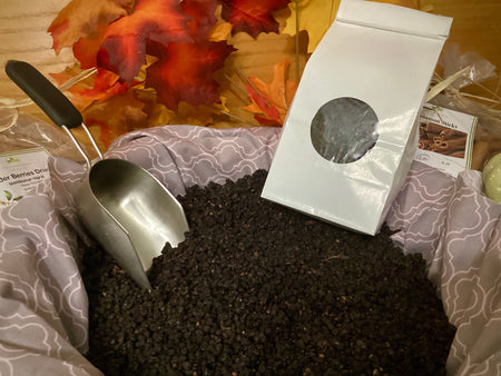 bowl of dried elderberries  from Glenbrook Farms