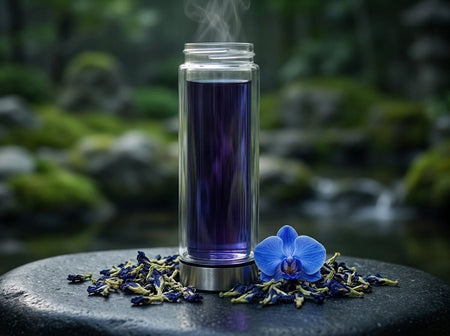 tall glas vial with purple colored tea with a butterfly pea flower
