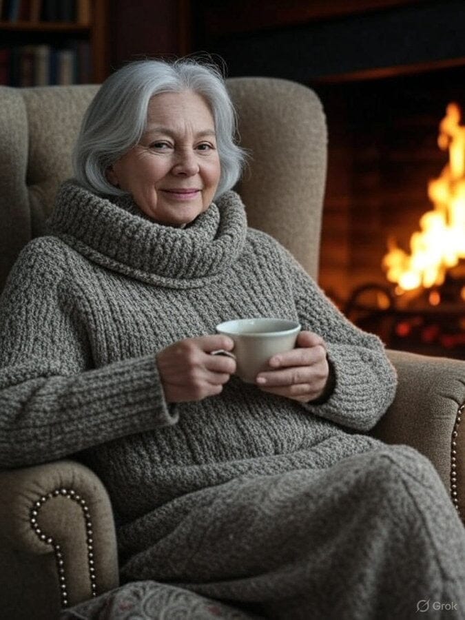 Woman in a cozy sweater holding a cup in front of a fireplace