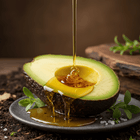 Avocado half with honey being drizzled over it on a dark plate.