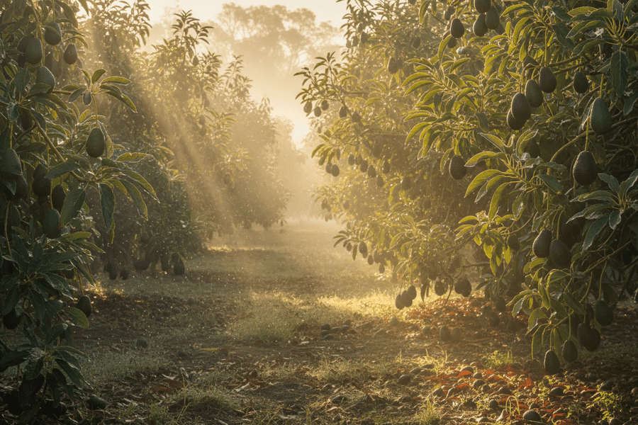 avocado orchard in the morning sunlight