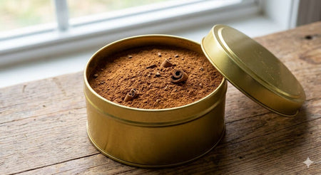 Gold cylindrical container with a lid on a wooden surface, filled with a brown powder.
