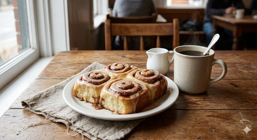 Plate of cinnamon rolls with a cup of coffee on a wooden table.