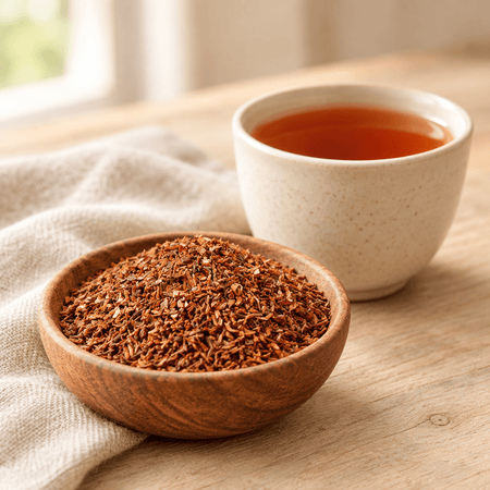 Farmhouse-style rooibos tea with a cream ceramic cup and wooden bowl of loose tea