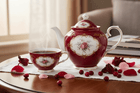 Exquisite china teapot and teacup filled with dark black tea, surrounded by cranberries, rose petals, and hibiscus blossoms on a walnut table
