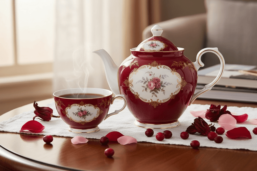 Exquisite china teapot and teacup filled with dark black tea, surrounded by cranberries, rose petals, and hibiscus blossoms on a walnut table