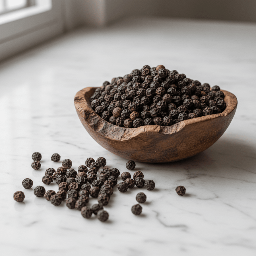 Whole black peppercorns in a rustic wooden bowl on white marble