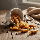 Caramel candies spilling out of a coffee cup onto a rustic wooden table