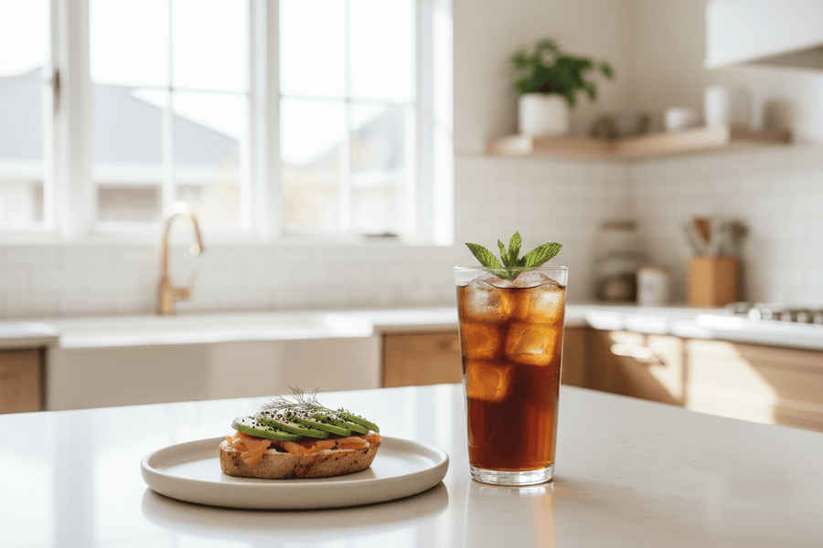 A tall glass of iced rooibos tea with a small sandwich on a plate in a bright kitchen