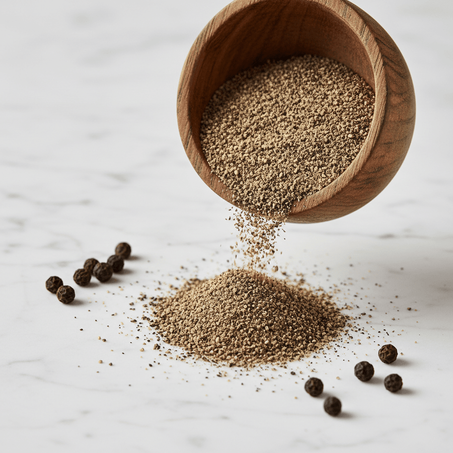 Black pepper table grind in a rustic wooden bowl with whole peppercorns on white marble
