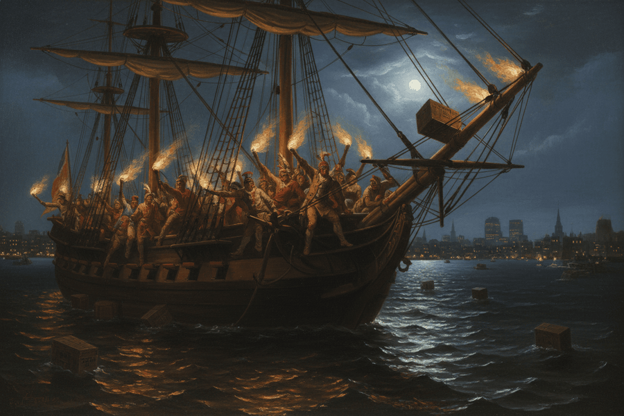 Historical illustration of the 1773 Boston Tea Party, colonists throwing tea chests overboard from a ship into Boston Harbor