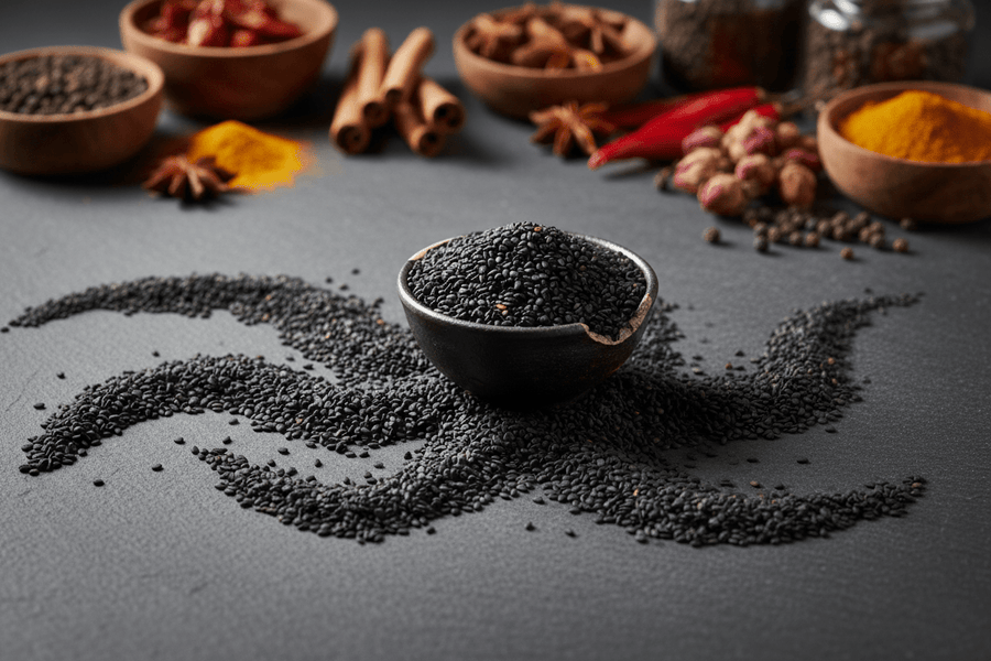 Black sesame seeds on dark slate surface with ceramic bowl