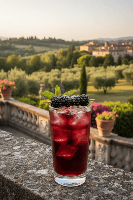 A tall glass of iced blackberry tea with fresh blackberries on the balustrade of a beautiful Italian villa