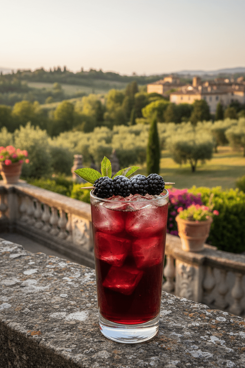 A tall glass of iced blackberry tea with fresh blackberries on the balustrade of a beautiful Italian villa