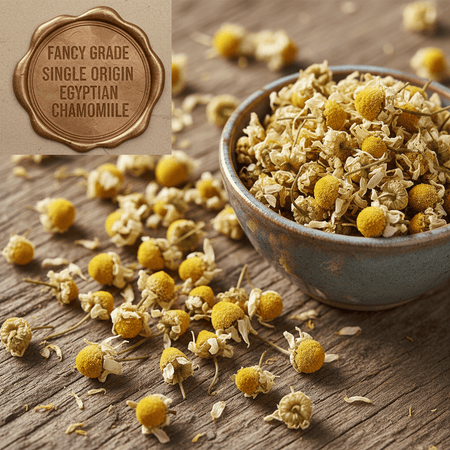 Fancy Grade Egyptian chamomile flowers scattered on a rustic wooden surface with a small ceramic bowl