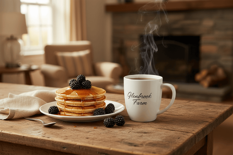 A white Glenbrook Farm cup of hot blackberry tea with fluffy pancakes topped with fresh blackberries at breakfast