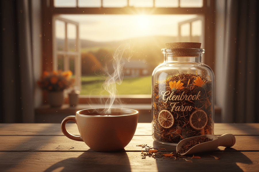 A steaming cup of Mandarin Orange Rooibos Tea at sunrise with loose rooibos in a Glenbrook Farm container