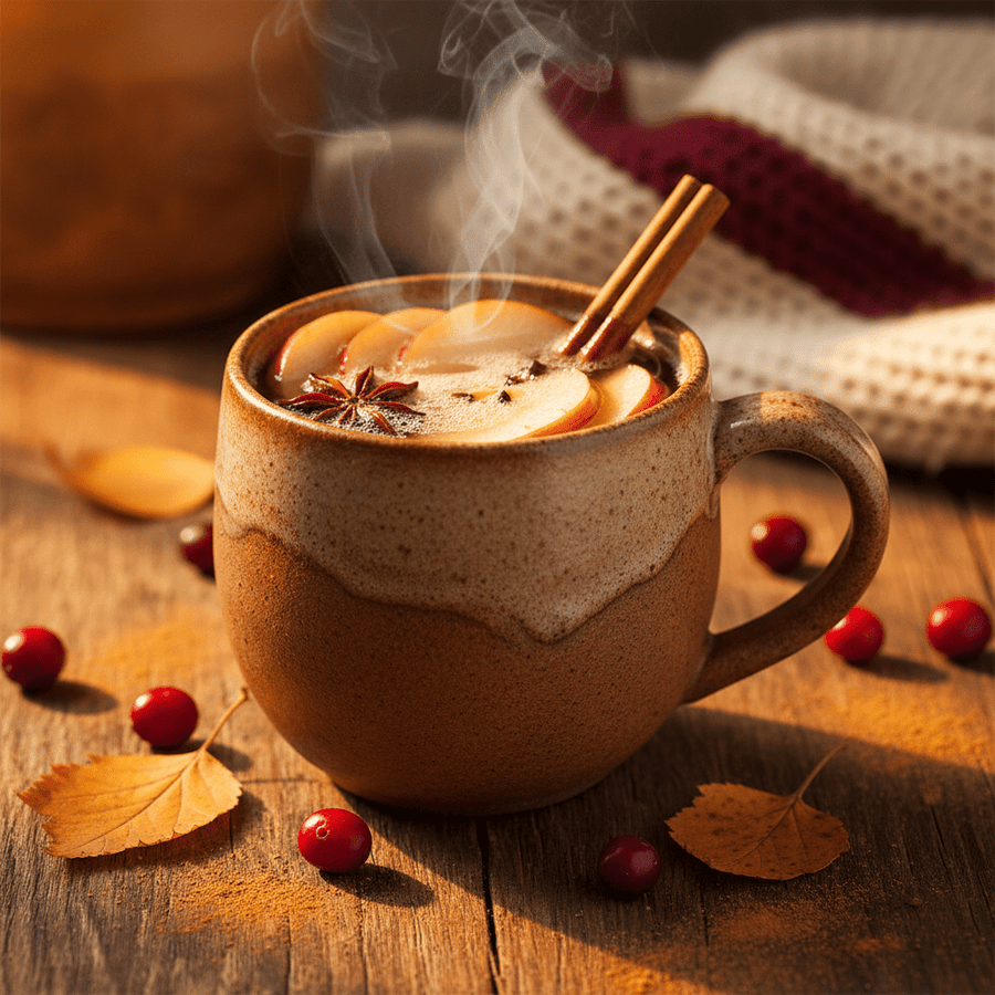 Rustic ceramic mug of steaming hot apple cider with a cinnamon stick, warm wooden surface, soft autumn light