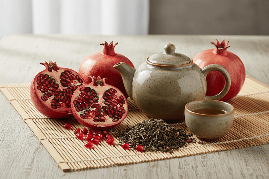 Pomegranate Green Tea on bamboo mat  in  a green clay tepot and cup