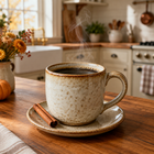 Steaming coffee mug with a cinnamon stick on a country-kitchen counter