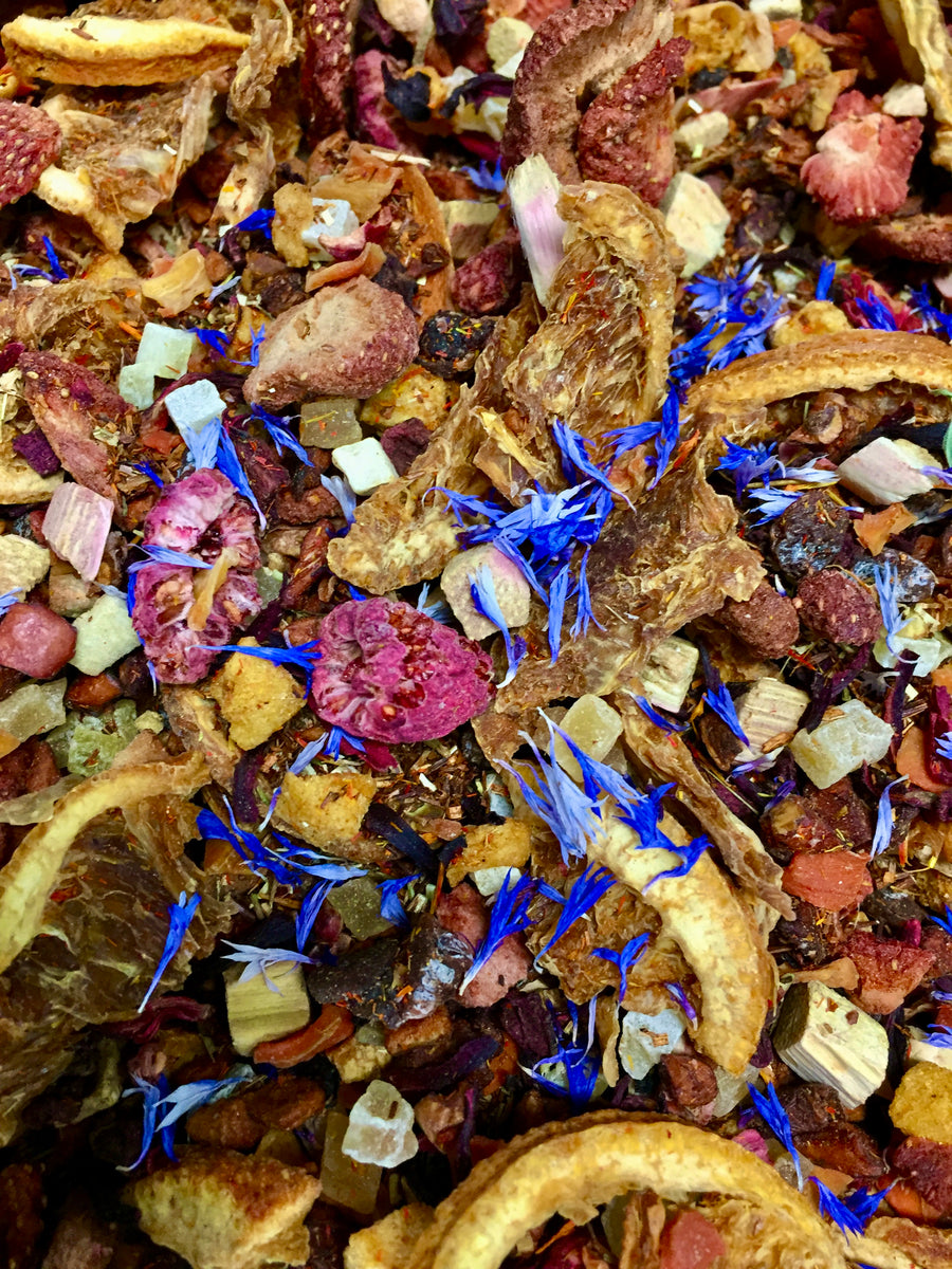 Showing the mix of tea up close with vibrant  dried fruits 