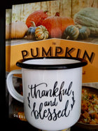 White and Black campfire style  mug that says Thankful and blessed