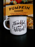 White and Black campfire style  mug that says Thankful and blessed