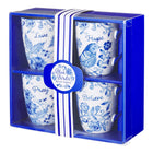4 cups in a gift box  of blue and white . see through top